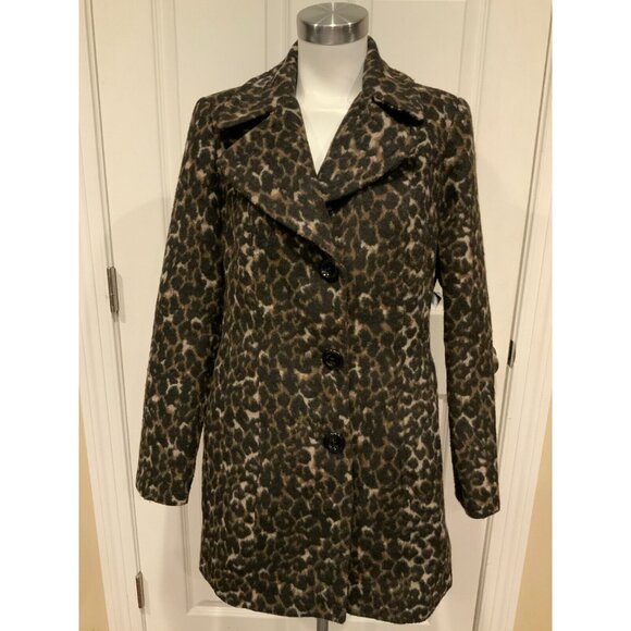 Michael Kors Brown Animal Print Button-Up Wool Blend Coat, Size Medium - Picture 1 of 8